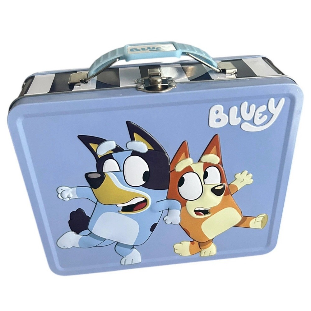 Bluey and Bingo Tin Lunchbox Metal Lunch Box Blue Stripe New